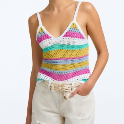 Women 525 America  | Samantha: Stripe Crochet Tank Cyan Multi