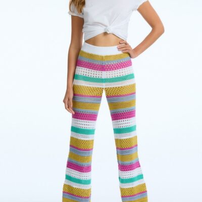 Women 525 America  | Rose: Stripe Crochet Wide Leg Pant Cyan Multi