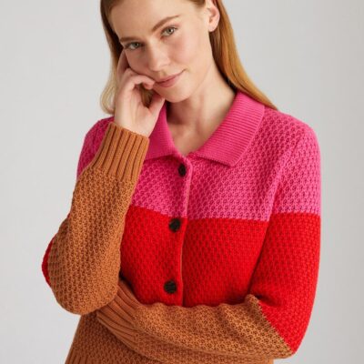 Women 525 America  | Joanna: Colorblock Polo Cardigan Toasted Almond Multi