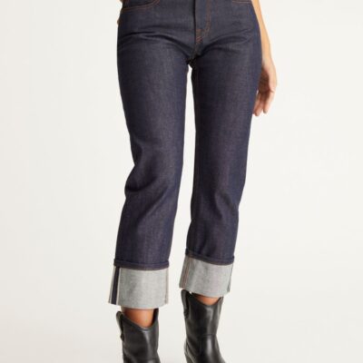 Women 525 America  | Raw Selvage Mid Rise Relaxed Straight Jeans Indigo Denim Raw