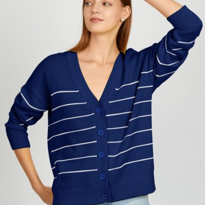 Women 525 America  | Sarah: Relaxed Stripe Cardigan Dark Blue Multi